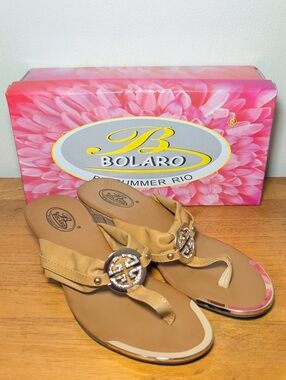 Bolaro by Summer Rio Tan Jeweled Thong Sandals Low Wedge Summer Women's Size 8.5
